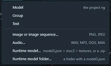 The Add track menu listing model, group, text, scene, image, audio and runtime model tracks.