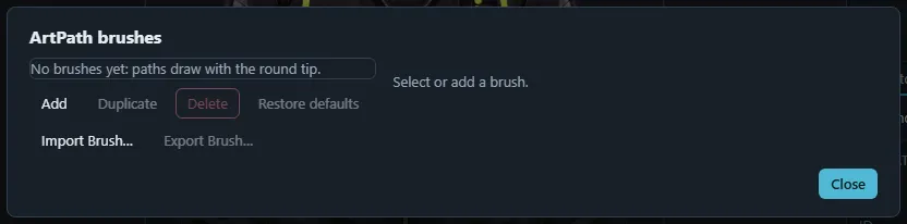 The ArtPath brushes dialog with the buttons to add, duplicate, delete and reset brushes and to import and export brush files.