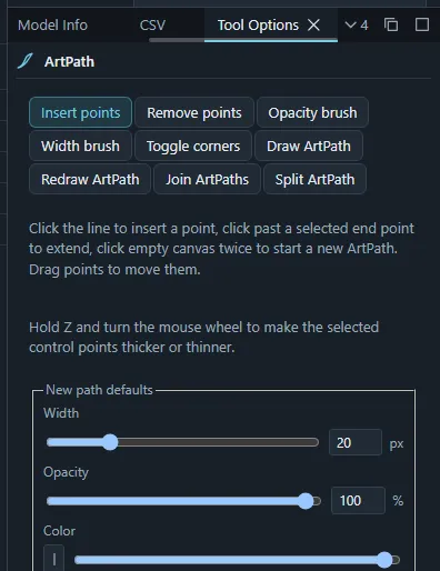 The Tool Options panel of the ArtPath tool with its nine modes.