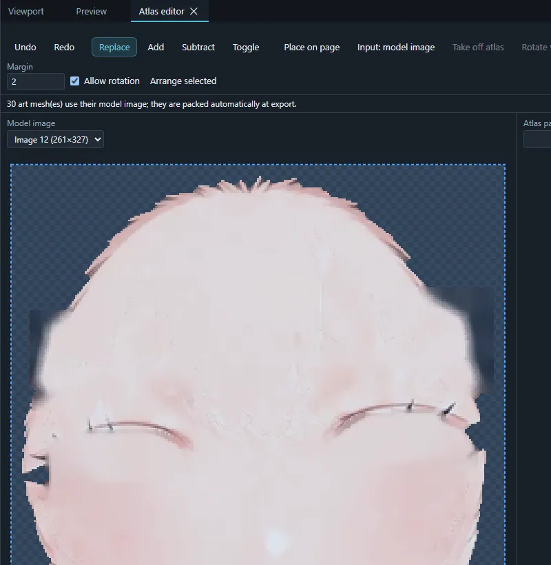 The Atlas editor panel for arranging mesh pieces on atlas pages.