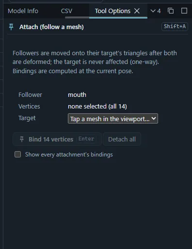 The Tool Options panel of the Attach tool with the follower, vertices and target and the Bind button.