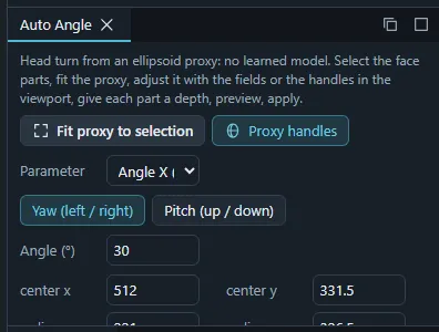 The Auto Angle panel with the ellipse proxy fields, the parameter choice, the turn direction and the depth of each part.