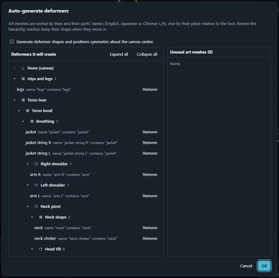 The Auto-generate deformers dialog showing the proposed deformer hierarchy and the list of unused art meshes.