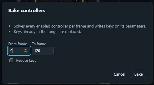 The Bake controllers dialog with the frame range and key reduction.