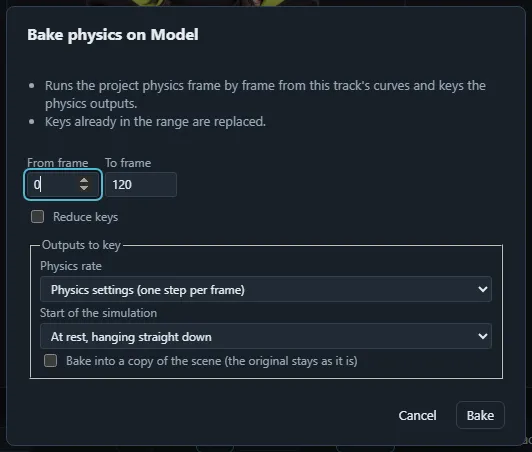 The Bake physics on Model dialog with the frame range, key reduction and the outputs to key.