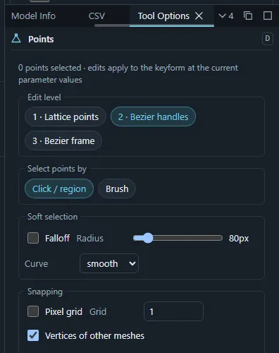 The Tool Options panel of the Points tool with the edit level buttons: lattice points, Bezier handles and Bezier frame.