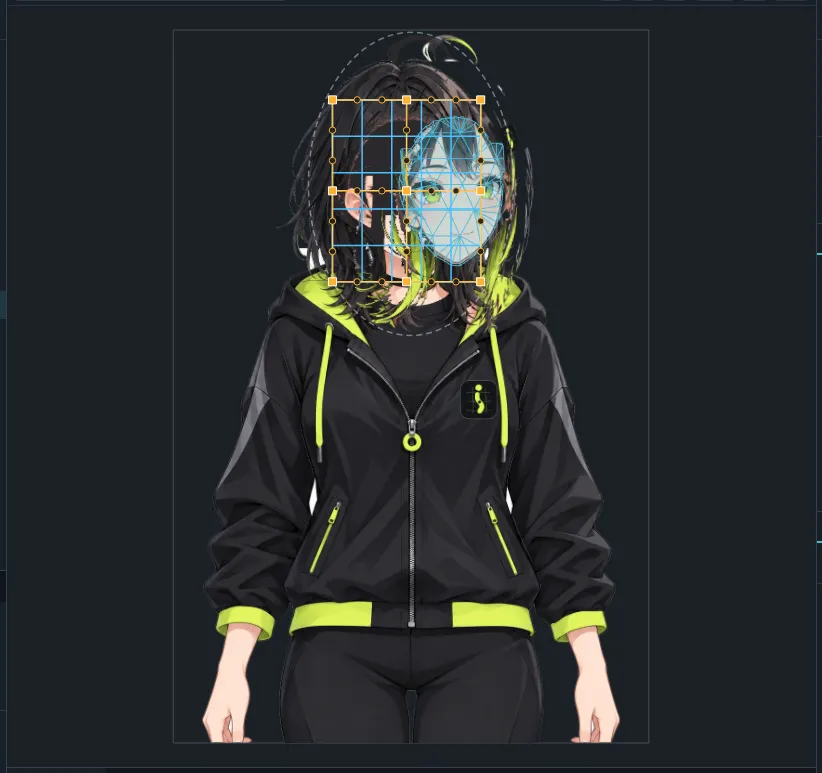 A warp deformer drawn as a Bezier patch over a character's face.