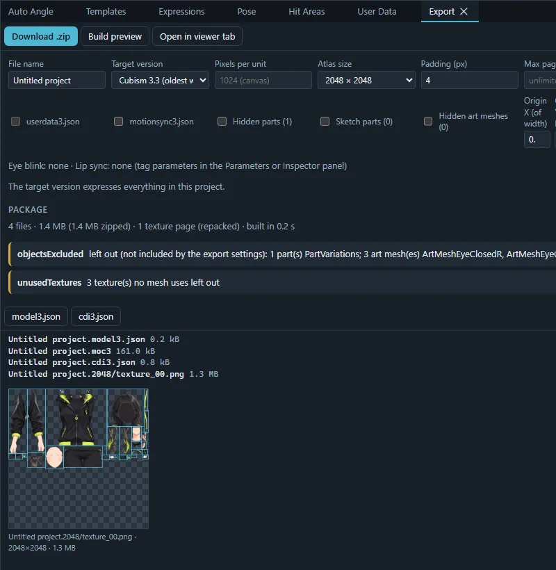 The Export panel after Build preview, listing the package files with their sizes and the texture atlas.