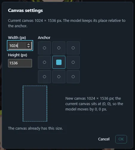The Canvas settings dialog with the size fields and the anchor grid.