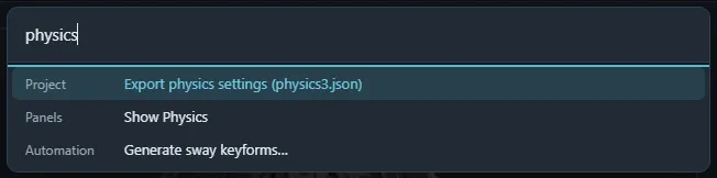 The command palette after typing physics, listing the matching commands with their sections.