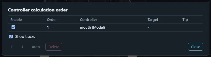 The Controller calculation order dialog listing the controllers in the order they are solved.