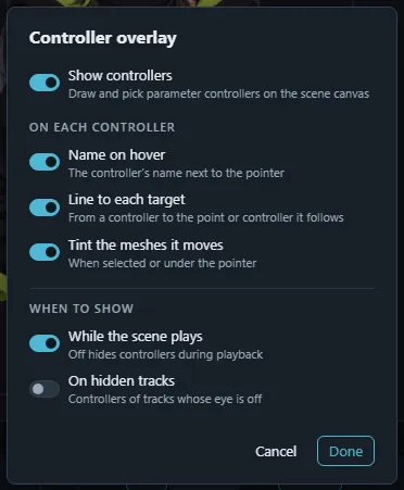 The Controller overlay dialog with its switches.