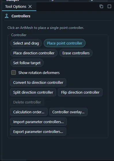 The Tool Options panel of the Controllers tool with its modes.