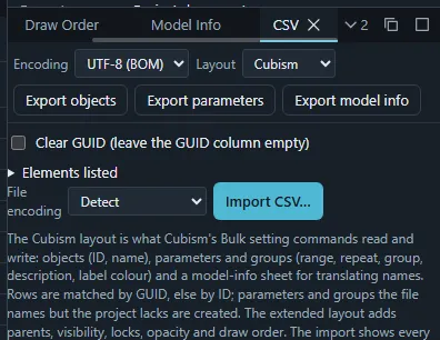 The CSV panel with the export and import buttons.