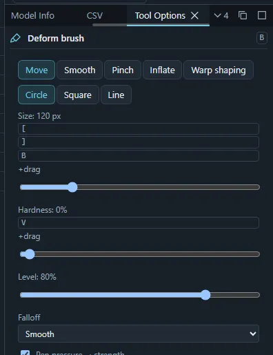 The Tool Options panel of the Deform brush with its modes, shape, size and hardness.