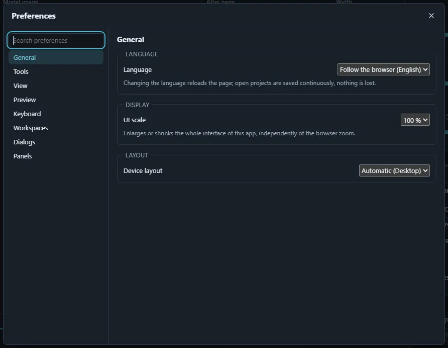 The Preferences dialog on its General section with the language, UI scale and device layout.