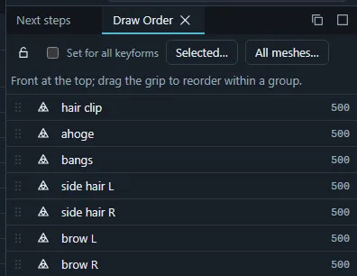 The Draw Order panel listing the art meshes from front to back.