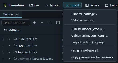 The Export menu with the runtime package, video or images, the Cubism model and animation files, the project backup, the viewer tab and the preview link.
