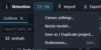 The File menu with Save as or Duplicate project, Canvas settings, Resize model and Preferences.