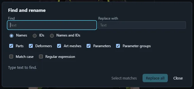 The Find and replace dialog.