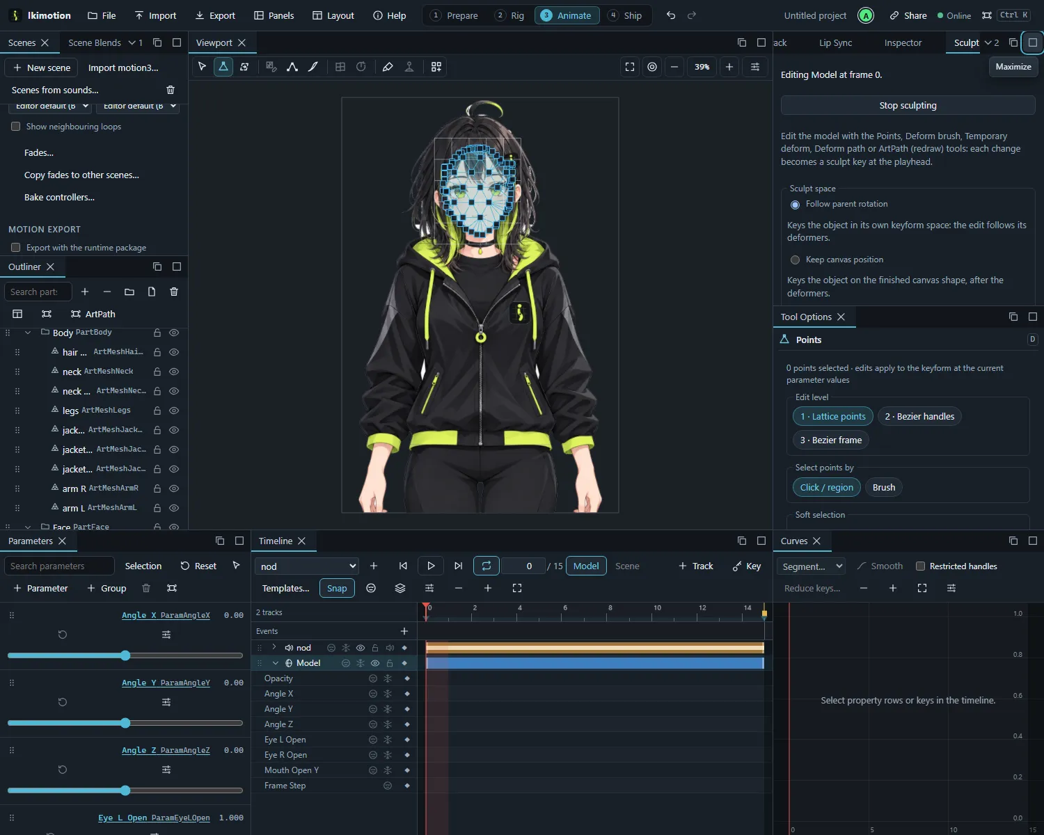 The Animate stage with the Sculpt panel, the viewport with a face mesh in the Points tool and the Timeline.