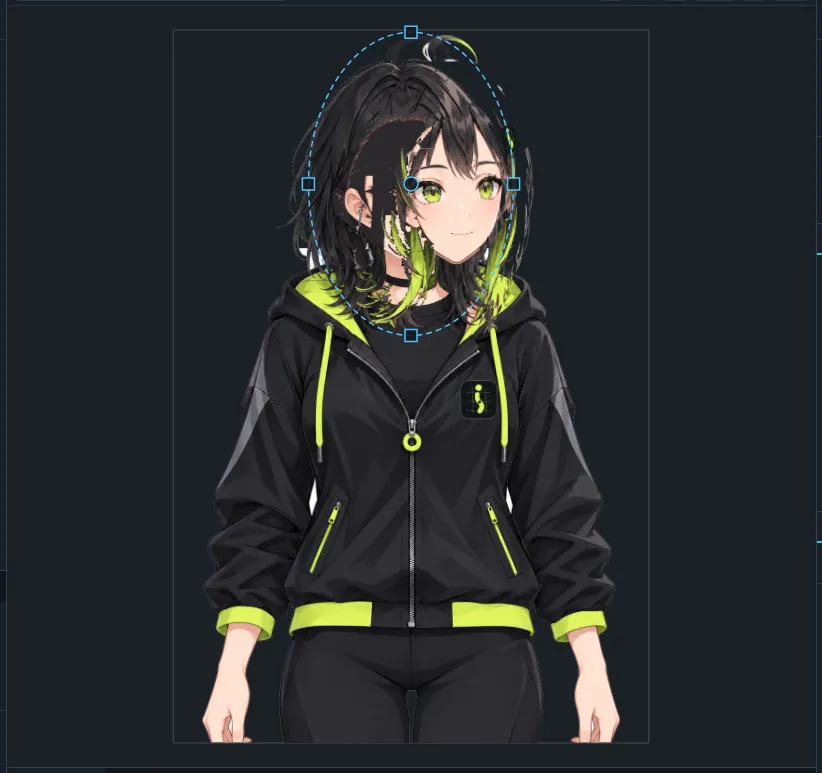 A character's head on a rotation deformer in the viewport, with its handles.