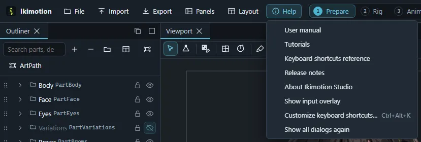 The Help menu with the user manual, tutorials, keyboard shortcuts reference, release notes, About, Show input overlay and Customize keyboard shortcuts.