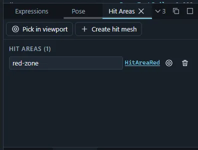 The Hit Areas panel listing a hit area with the Pick in viewport and Create hit mesh buttons.