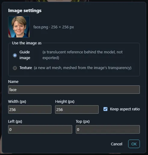 The Image settings dialog where a picture is imported as a guide image or as a texture.