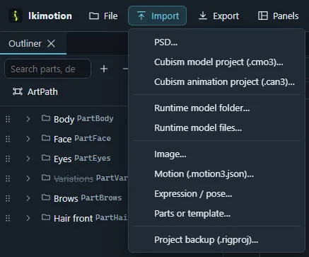 The Import menu listing PSD, the Cubism model and animation projects, the runtime model folder and files, Image, Motion, Expression or pose, Parts or template and Project backup.