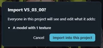 The Import dialog that asks before a runtime model is added to a project with content, listing what it adds, with the Cancel and Import into this project buttons.