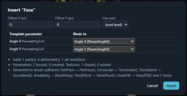 The template insert dialog listing what is added, the parameters bound and the IDs renamed to avoid collisions.