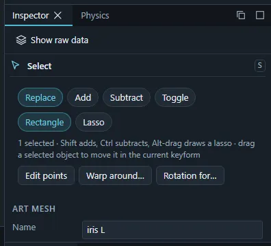 The Inspector showing the properties of a selected art mesh: name, ID, part, visibility, blend mode, texture, vertex count and clipping masks.