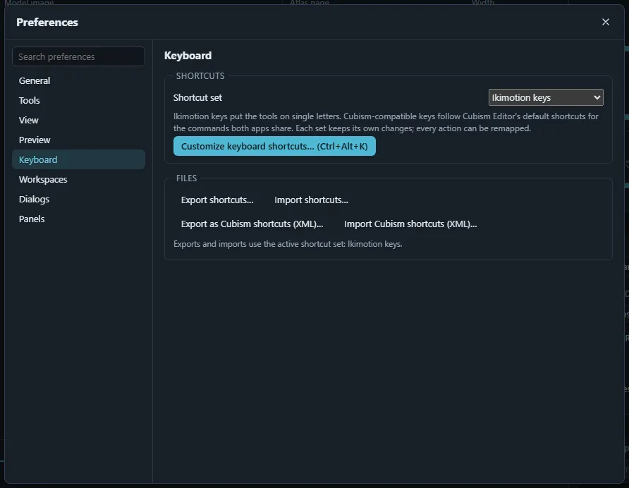 The Keyboard section of the Preferences dialog with the shortcut customization and import and export buttons.