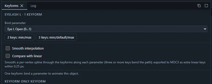 The Keyforms panel of a selected mesh with the Bind parameter list and the 2 keys and 3 keys buttons.