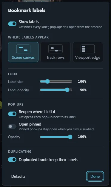 The Label display dialog with the three places for labels, the look sliders and the pop-up switches.