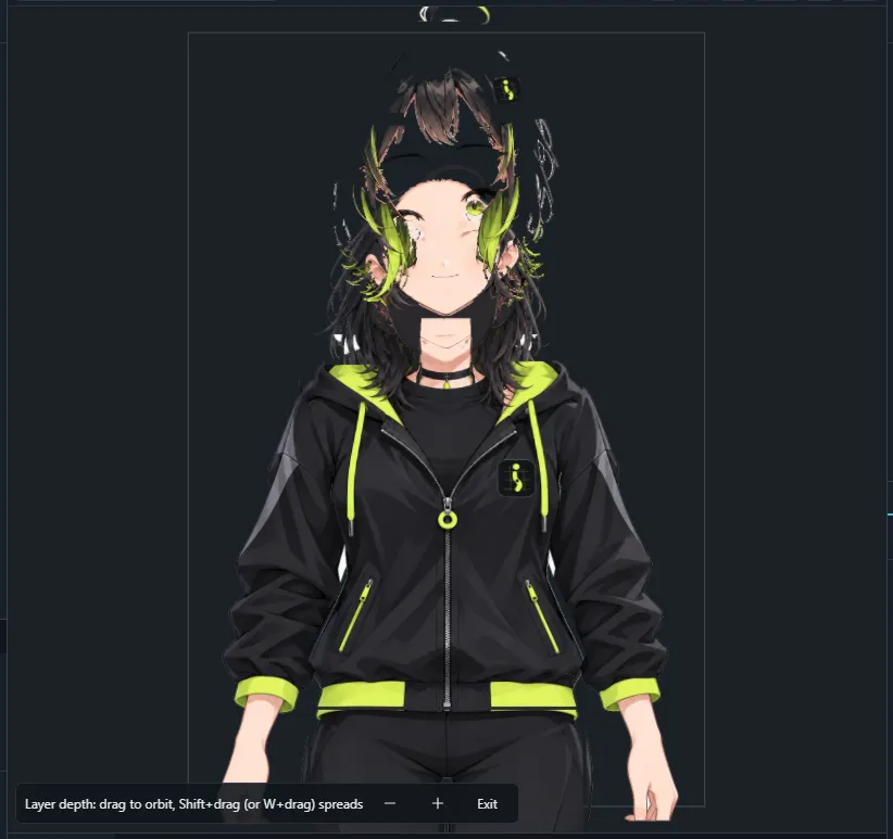 The layer depth view: the layers of the character spread out by draw order and orbited with a drag.
