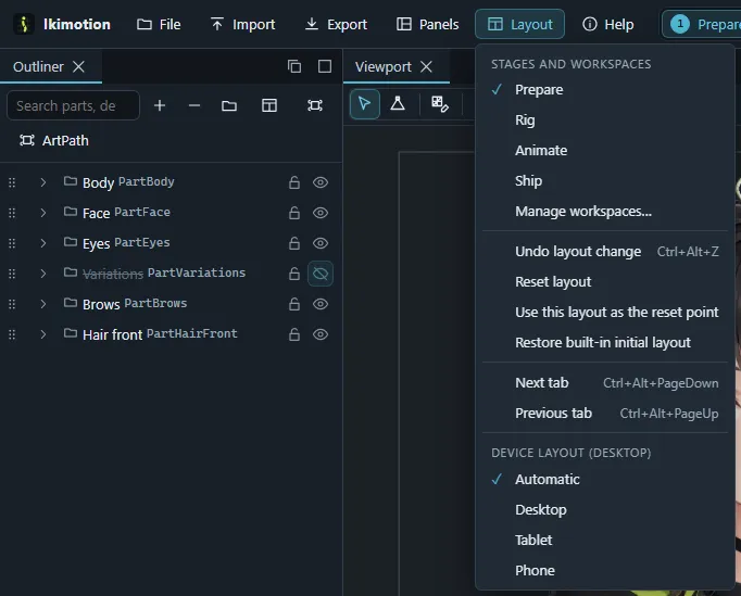 The Layout menu listing the stages, Manage workspaces, layout undo and reset commands and the device layout choices.