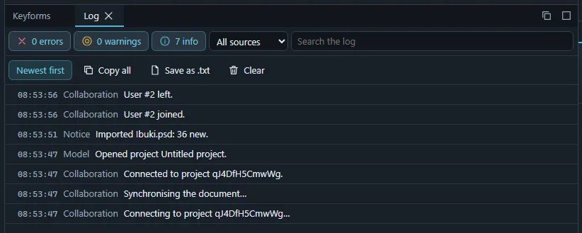The Log panel with its severity filters, source filter, search field and the Copy all, Save as text and Clear buttons.