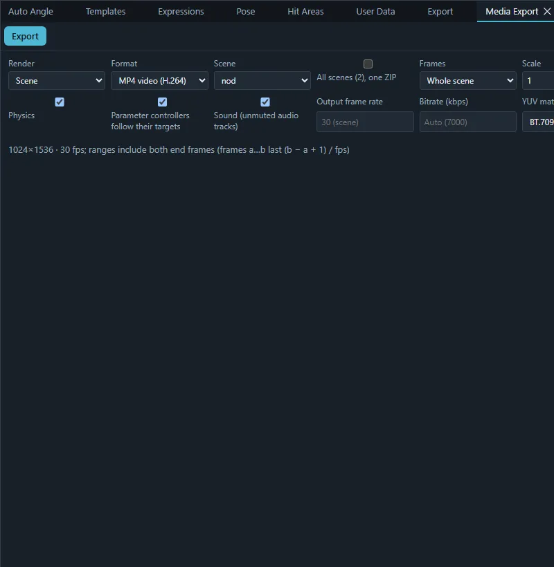 The Media Export panel with the render target, format, scene, size and audio options.
