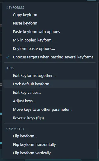 The Parameter menu with the keyform editing and parameter commands.