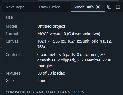 The Model Info panel with the file, format, contents, compatibility diagnostics and frame cost.