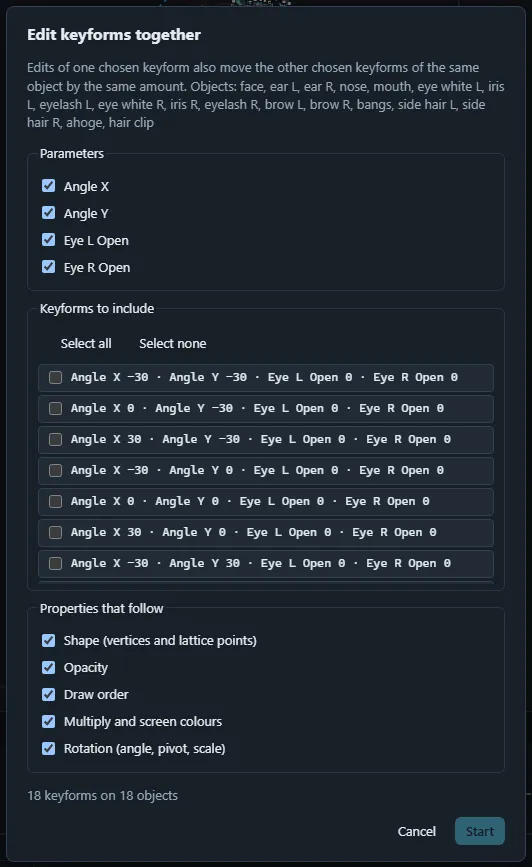 The Edit keyforms together dialog with the checkable grid of parameters and key combinations and the properties that follow.