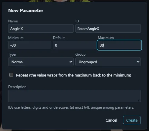 The New Parameter dialog filled in for Angle X with ID ParamAngleX and a range of -30 to 30.