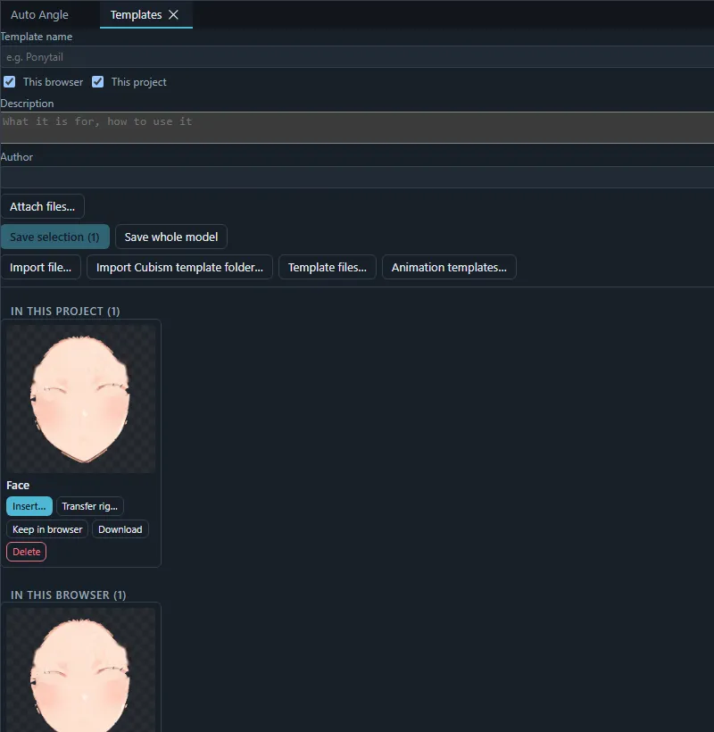The Templates panel listing a saved template with its Insert, Transfer rig, Keep in browser, Download and Delete buttons.