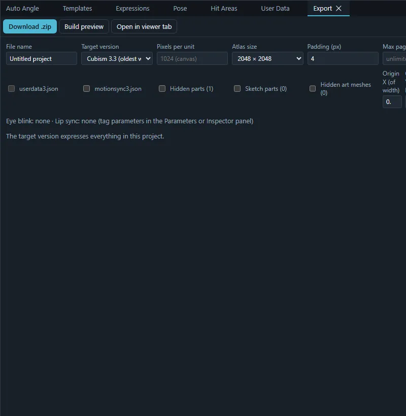 The Export panel with the Download .zip, Build preview and Open in viewer tab buttons and the export settings.