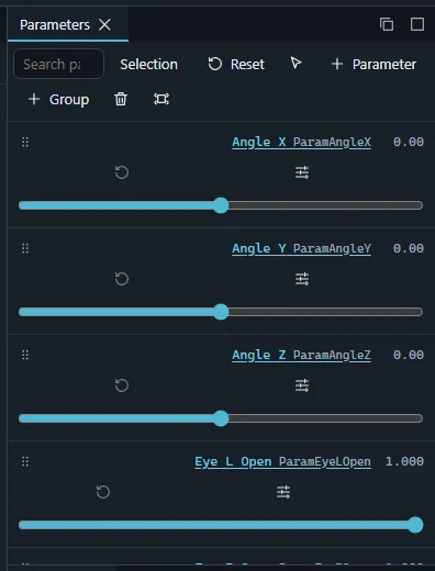 The Parameters panel with sliders for Angle X, Angle Y, Angle Z, the eye open parameters and Mouth Open Y.