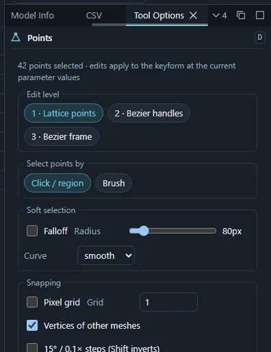 The Tool Options panel of the Points tool with the edit level, selection method and soft selection settings.