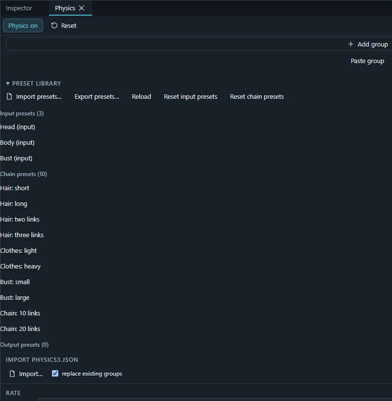 The Preset library of the Physics panel listing the input and chain presets.