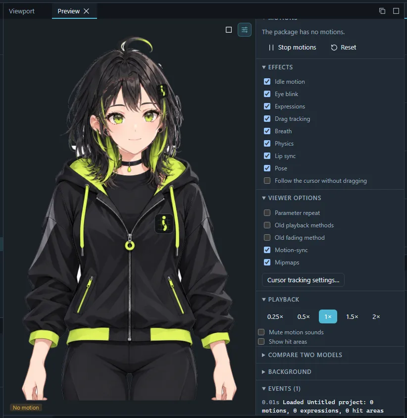 The Preview panel playing the exported model with the motion, effect and playback settings.
